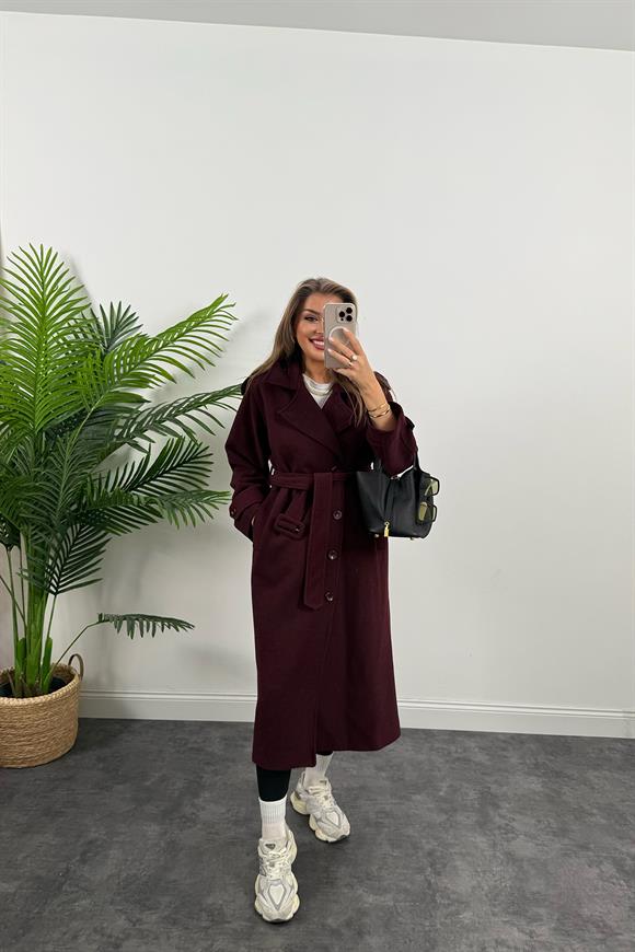 Premium Kalite Yünlü Apoletli Maxi Kaşe Kaban Bordo
