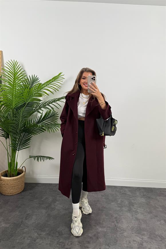 Premium Kalite Yünlü Apoletli Maxi Kaşe Kaban Bordo