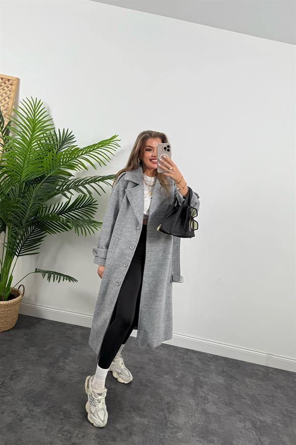 Premium Kalite Yünlü Apoletli Maxi Kaşe Kaban Gri 
