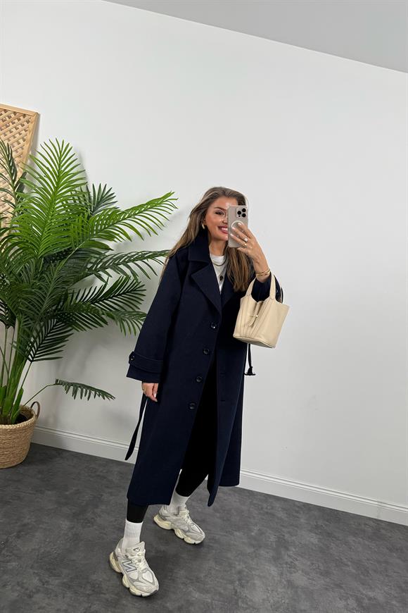 Premium Kalite Yünlü Apoletli Maxi Kaşe Kaban Lacivert