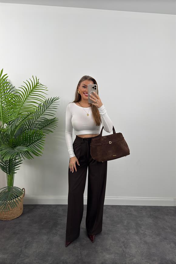 Premium Kalite Yünlü Yüksek Bel Palazzo Pantolon Acı Kahve