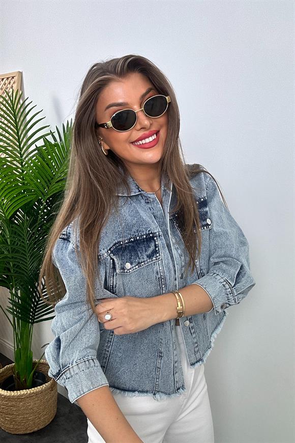 Premium Kalite Zımbalı Tasarım Jean Ceket Yıkamalı Mavi