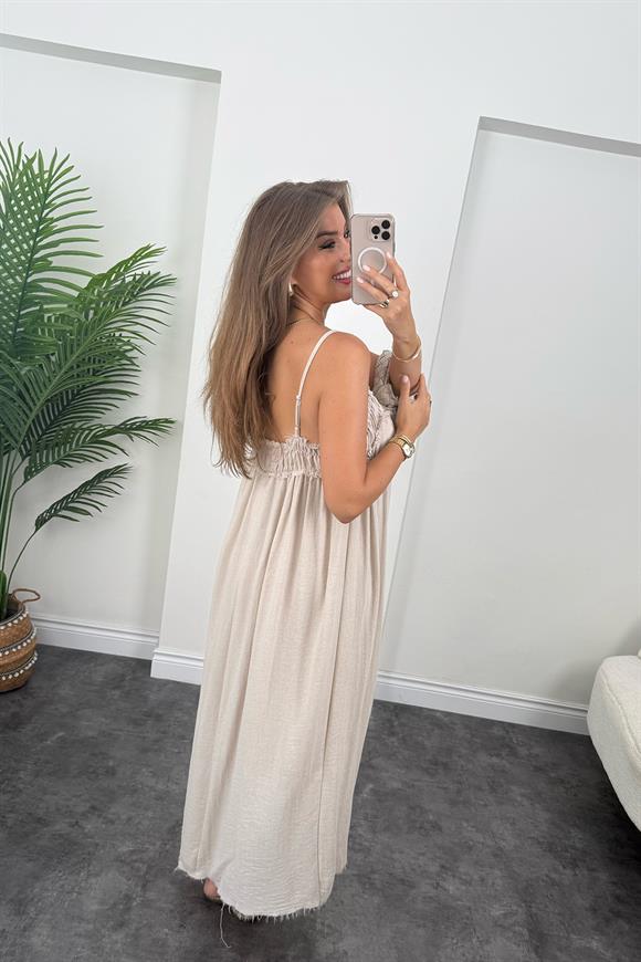 Premium Seri %100 Organik Kumaş Maxi Salaş Elbise Naturel Taş