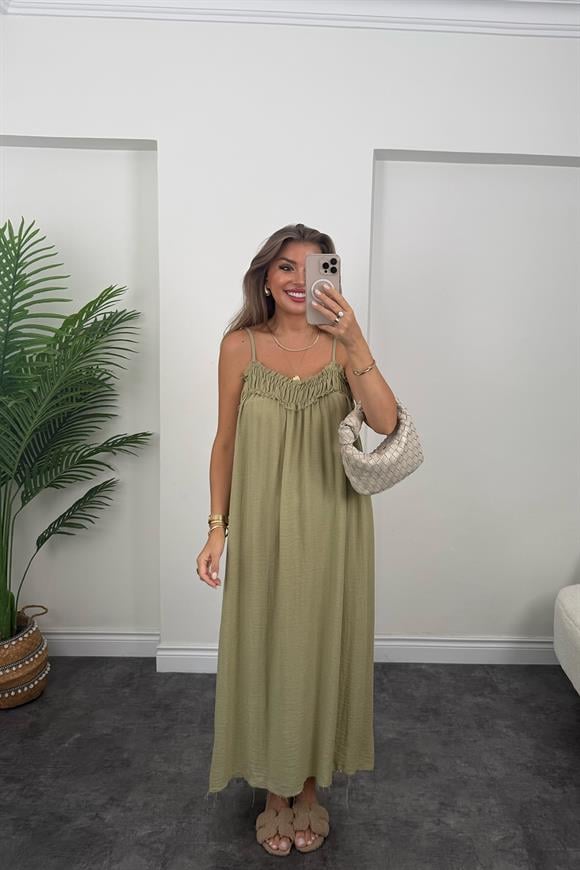 Premium Seri %100 Organik Kumaş Maxi Salaş Elbise Haki