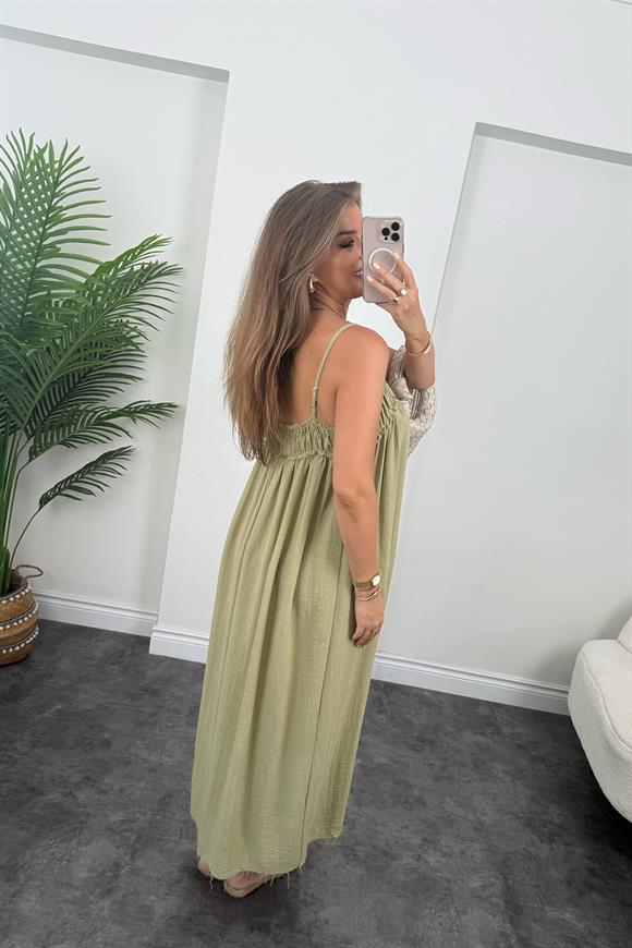 Premium Seri %100 Organik Kumaş Maxi Salaş Elbise Haki