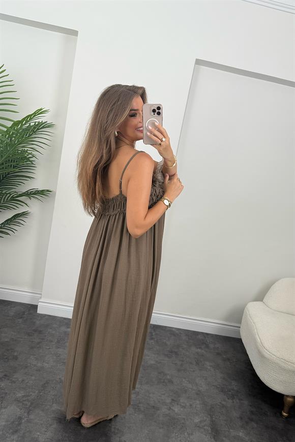 Premium Seri %100 Organik Kumaş Maxi Salaş Elbise Acı Kahve