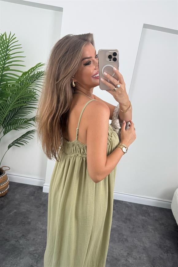 Premium Seri %100 Organik Kumaş Maxi Salaş Elbise Haki