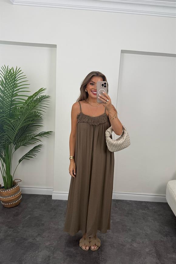 Premium Seri %100 Organik Kumaş Maxi Salaş Elbise Acı Kahve