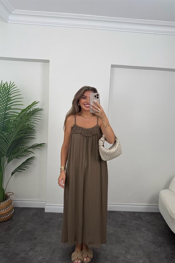 Premium Seri %100 Organik Kumaş Maxi Salaş Elbise Acı Kahve