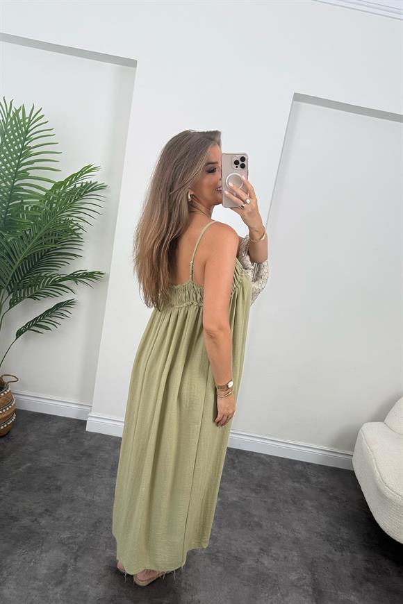 Premium Seri %100 Organik Kumaş Maxi Salaş Elbise Haki