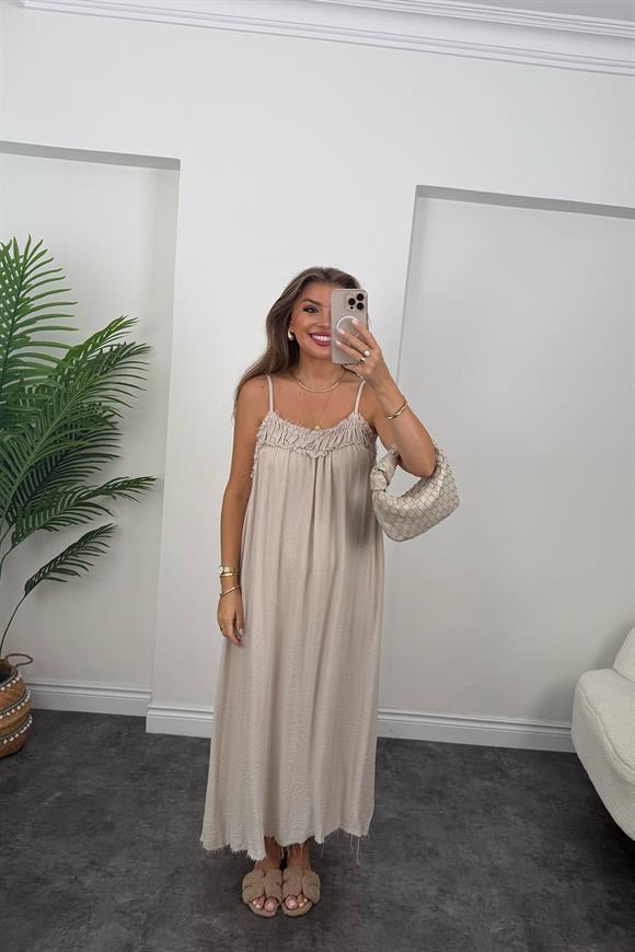 Premium Seri %100 Organik Kumaş Maxi Salaş Elbise Naturel Taş