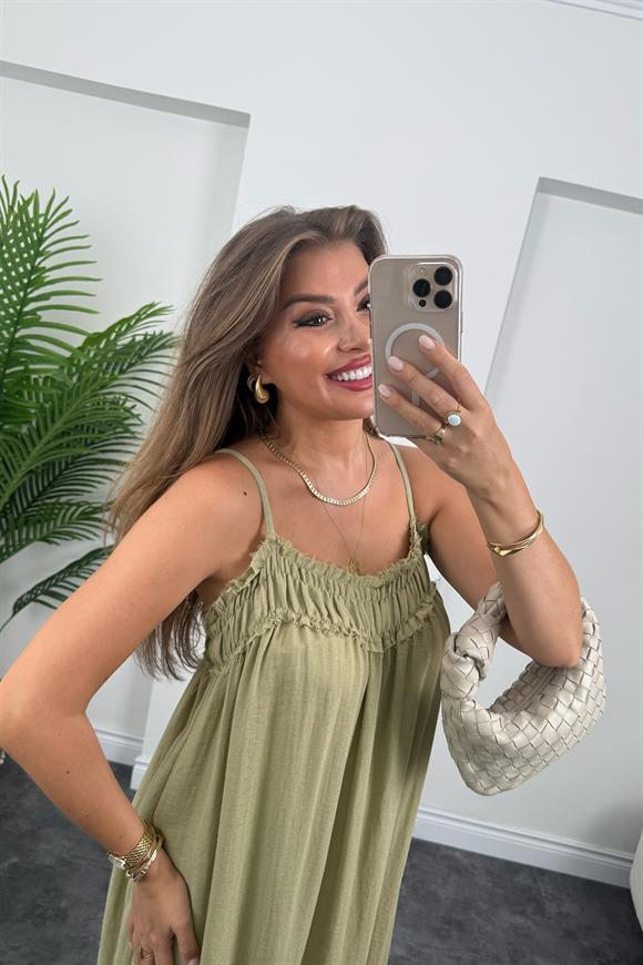 Premium Seri %100 Organik Kumaş Maxi Salaş Elbise Haki