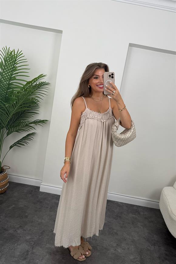 Premium Seri %100 Organik Kumaş Maxi Salaş Elbise Naturel Taş