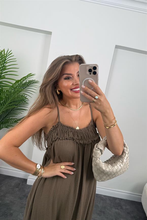 Premium Seri %100 Organik Kumaş Maxi Salaş Elbise Acı Kahve