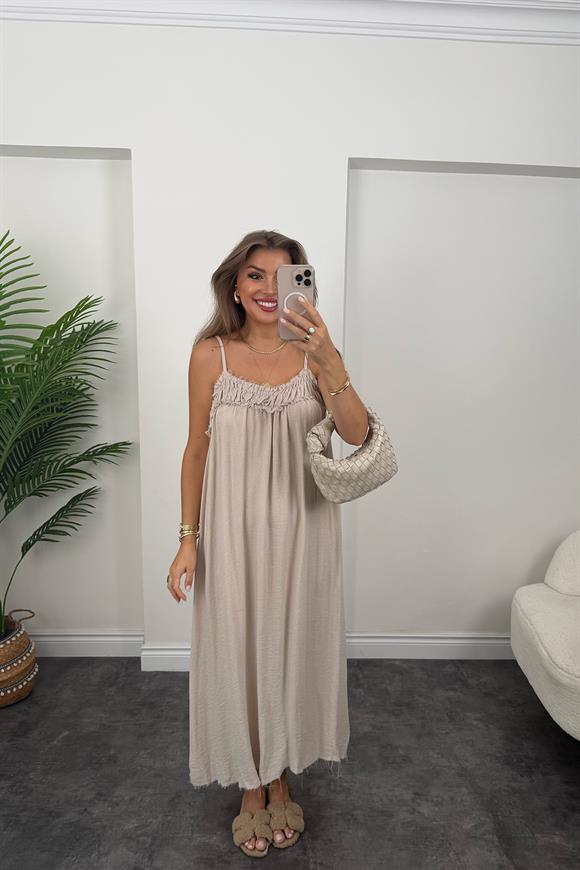 Premium Seri %100 Organik Kumaş Maxi Salaş Elbise Naturel Taş