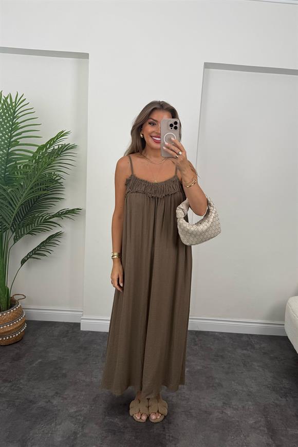 Premium Seri %100 Organik Kumaş Maxi Salaş Elbise Acı Kahve