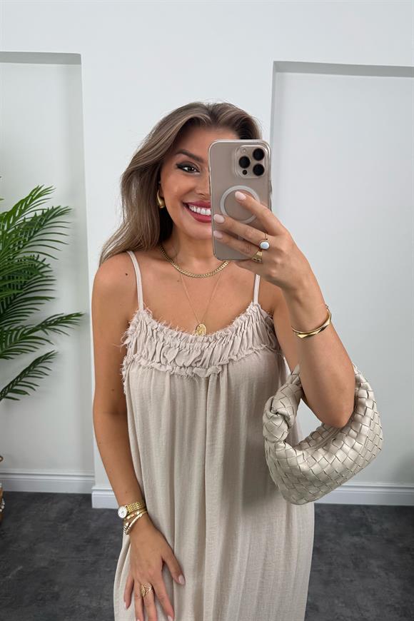 Premium Seri %100 Organik Kumaş Maxi Salaş Elbise Naturel Taş