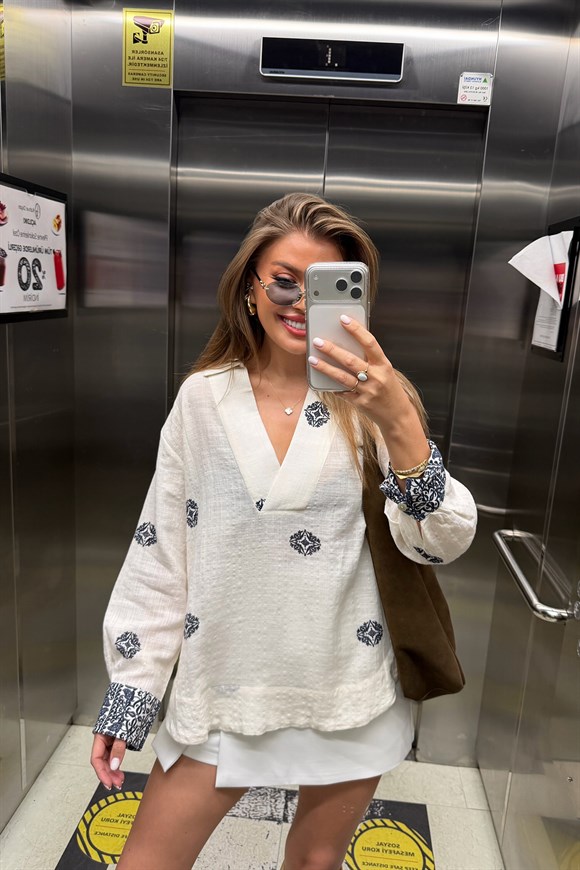 Premium Seri %100 Pamuk Keten Lacivert Desenli Naturel Gömlek
