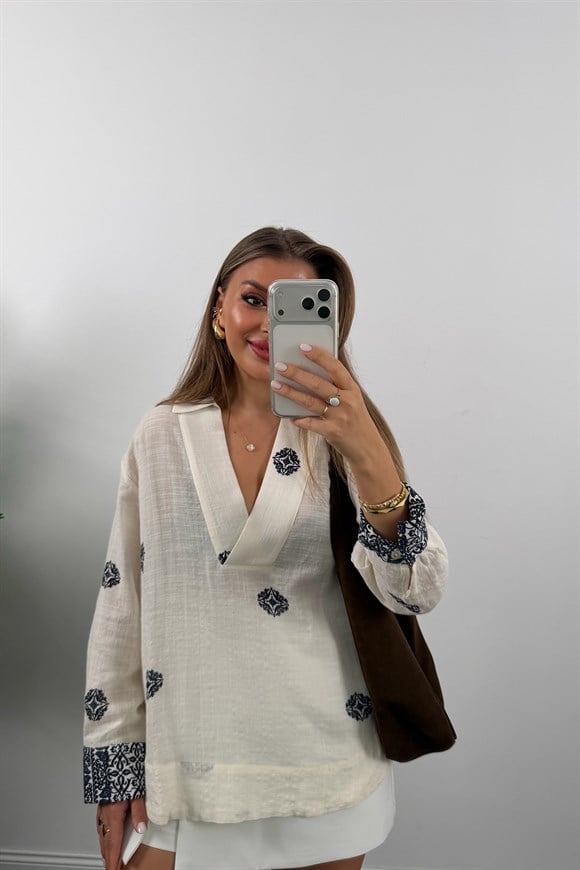 Premium Seri %100 Pamuk Keten Lacivert Desenli Naturel Gömlek
