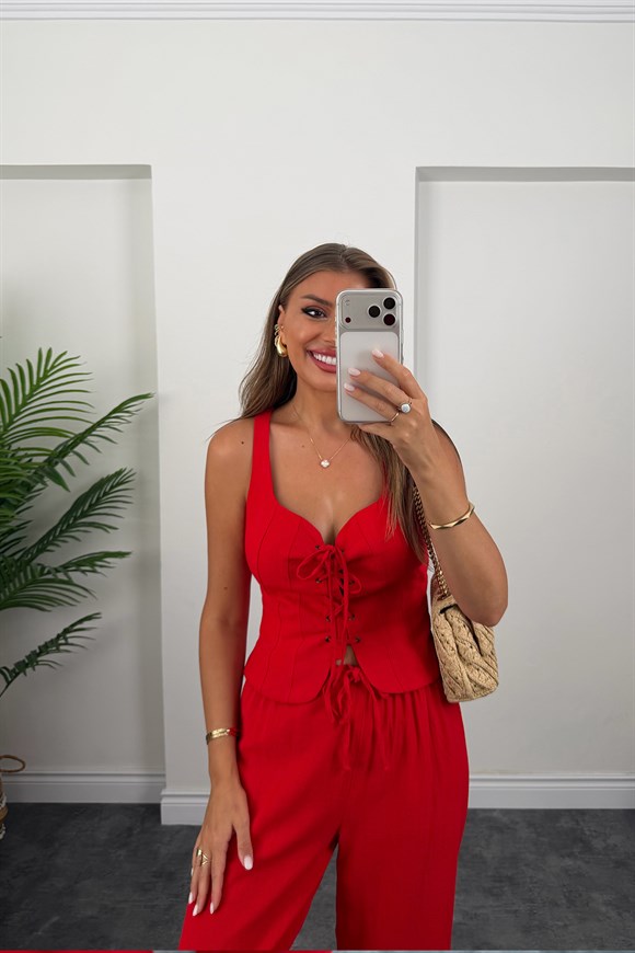 Premium Seri %100 Pamuk Keten Pantolon Yelek Kırmızı Takım 