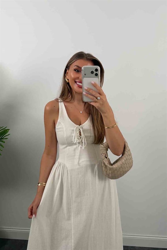 Premium Seri %100 Pamuk Keten Yakası İpli Midi Elbise Ekru