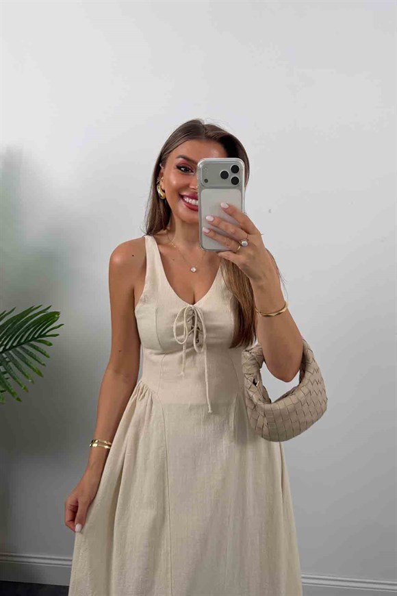 Premium Seri %100 Pamuk Keten Yakası İpli Midi Elbise Taş