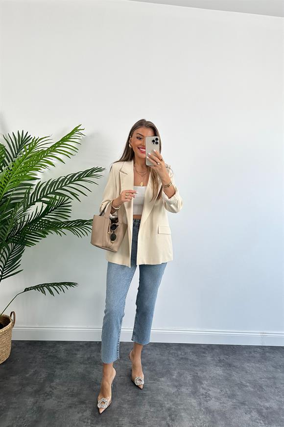Premium Seri %100 Pamuk Keten Yazlık Blazer Taş