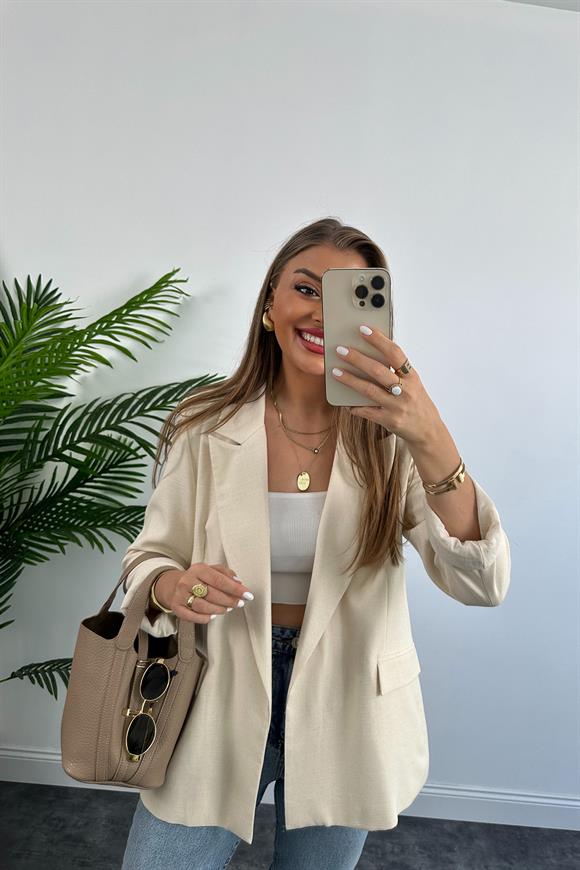 Premium Seri %100 Pamuk Keten Yazlık Blazer Taş
