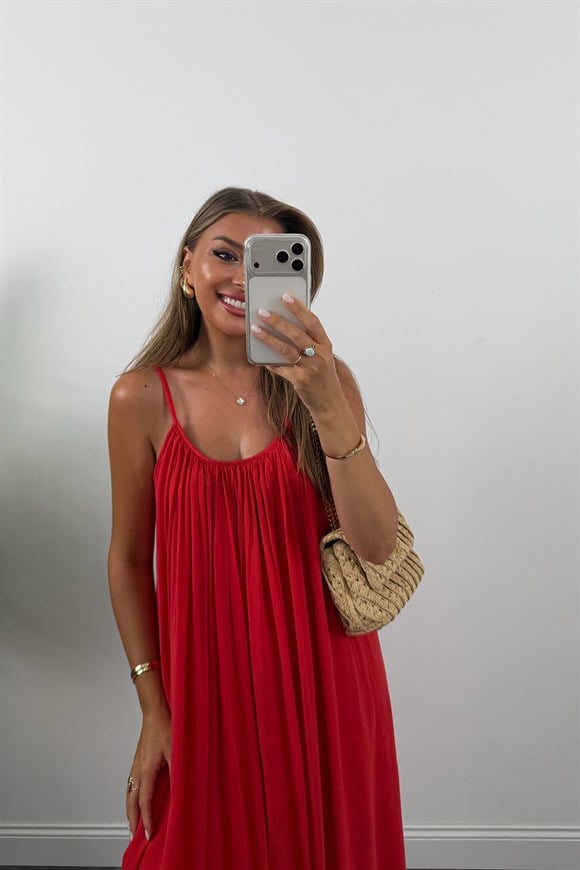 Premium Seri %100 Pamuk Maxi Salaş Elbise Kırmızı