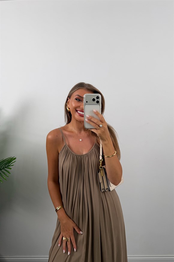 Premium Seri %100 Pamuk Maxi Salaş Elbise Vizon