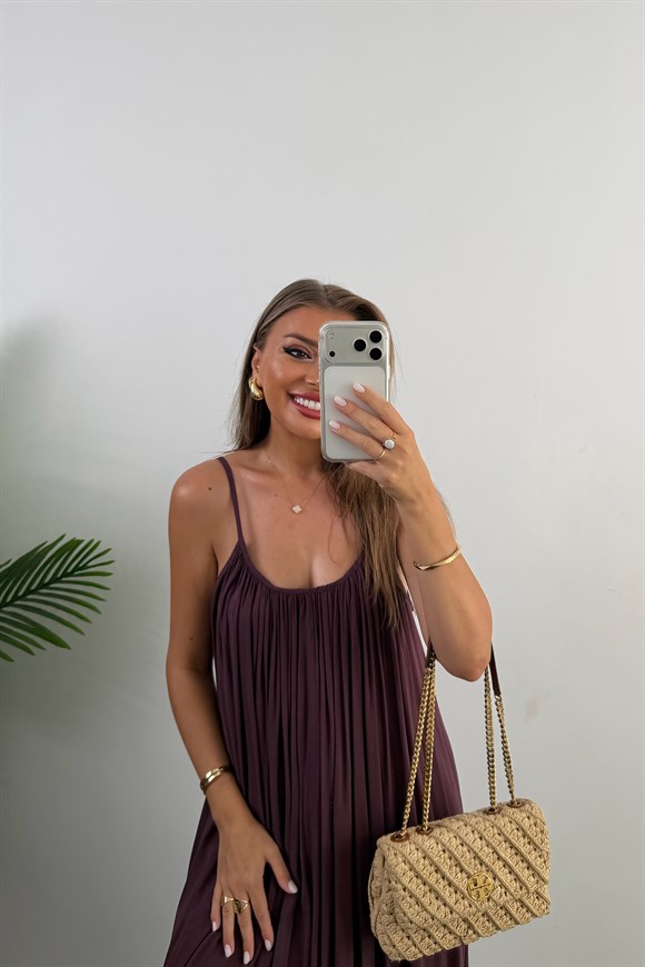 Premium Seri %100 Pamuk Maxi Salaş Elbise Şarap 