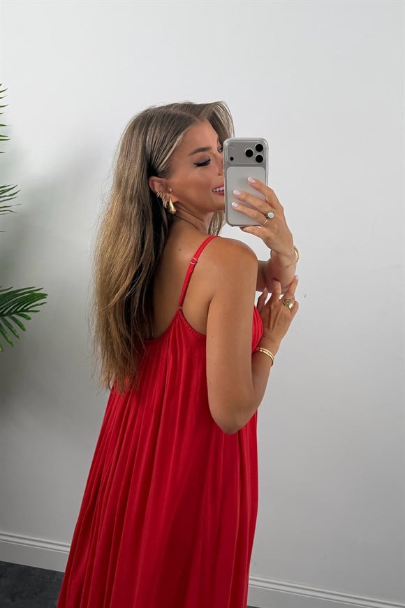 Premium Seri %100 Pamuk Maxi Salaş Elbise Kırmızı