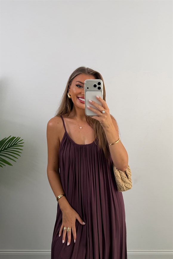 Premium Seri %100 Pamuk Maxi Salaş Elbise Şarap 