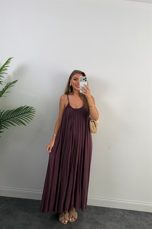 Premium Seri %100 Pamuk Maxi Salaş Elbise Şarap 