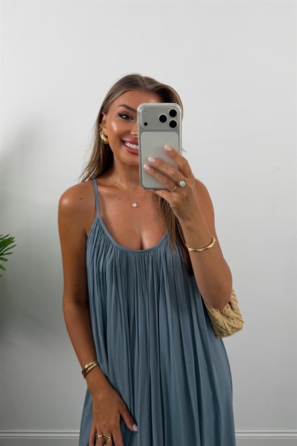 Premium Seri %100 Pamuk Maxi Salaş Elbise İndigo