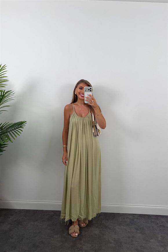 Premium Seri %100 Pamuk Maxi Salaş Elbise Haki