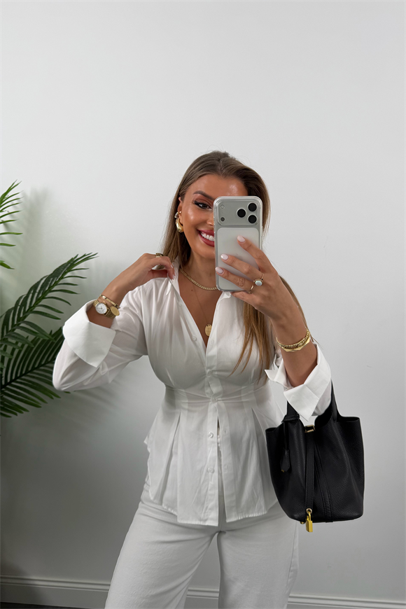 Premium Seri %100 Pamuk Oturtma Pileli Gömlek Beyaz