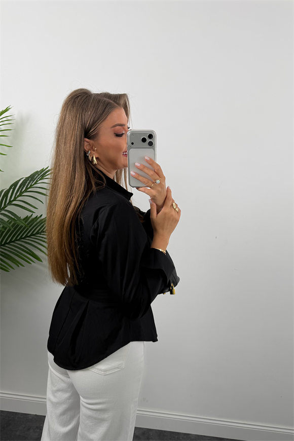 Premium Seri %100 Pamuk Oturtma Pileli Gömlek Siyah