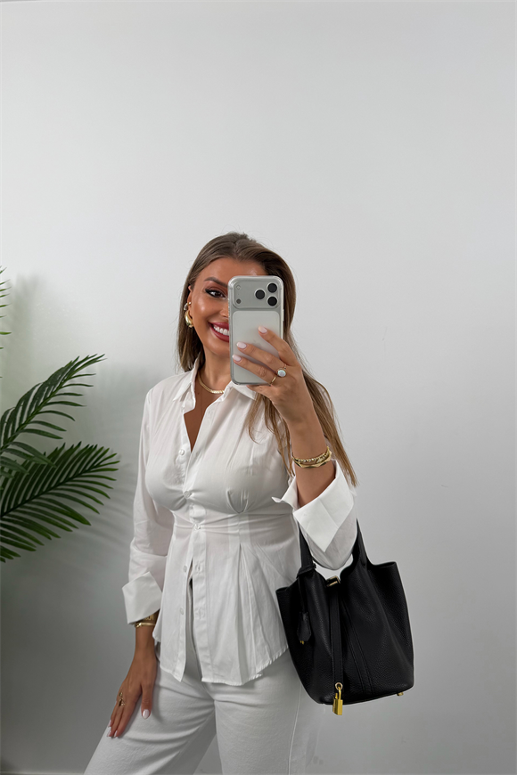 Premium Seri %100 Pamuk Oturtma Pileli Gömlek Beyaz