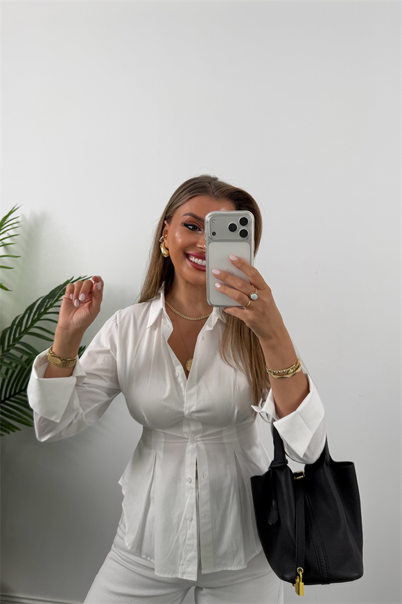 Premium Seri %100 Pamuk Oturtma Pileli Gömlek Beyaz