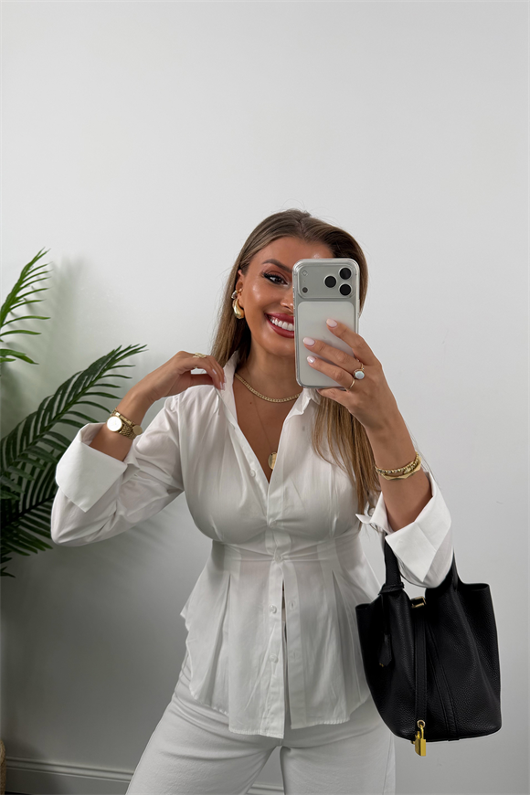 Premium Seri %100 Pamuk Oturtma Pileli Gömlek Beyaz