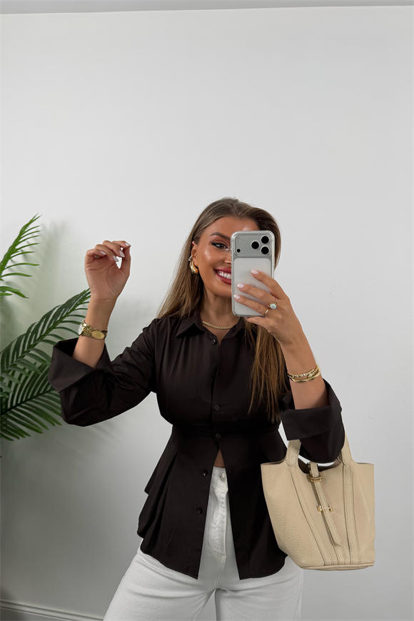Premium Seri %100 Pamuk Oturtma Pileli Gömlek Acı Kahve