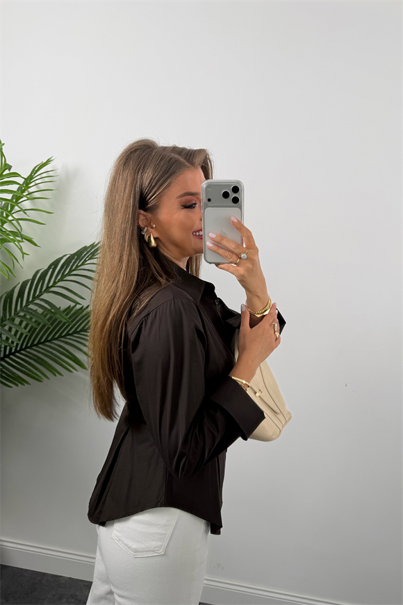 Premium Seri %100 Pamuk Oturtma Pileli Gömlek Acı Kahve