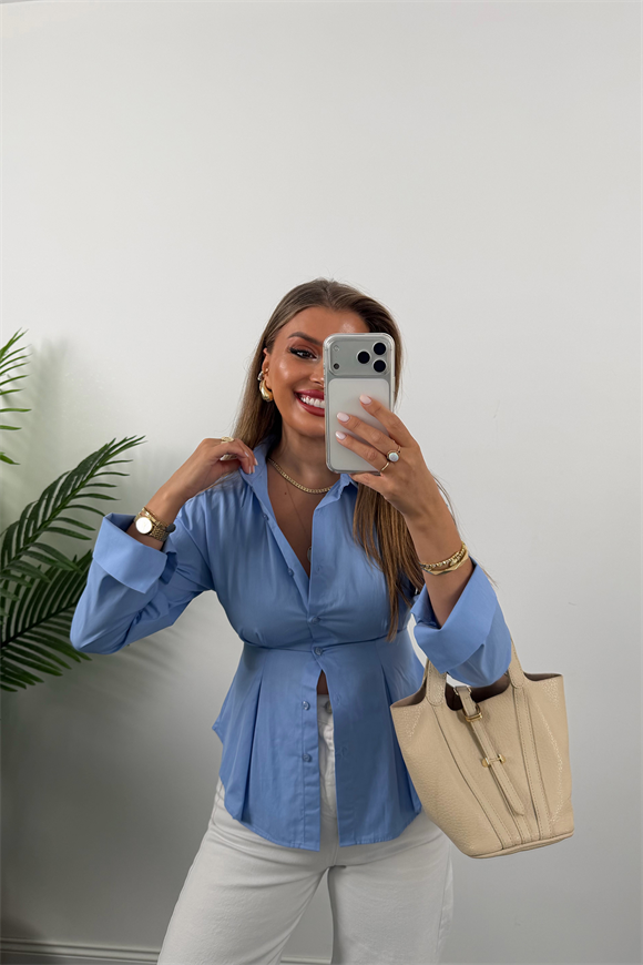 Premium Seri %100 Pamuk Oturtma Pileli Gömlek Mavi