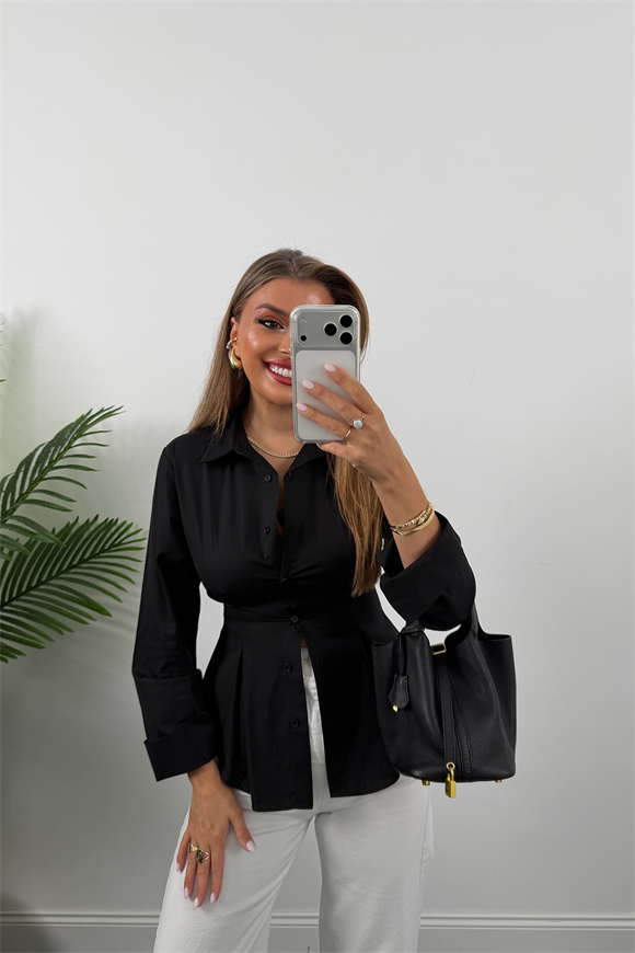 Premium Seri %100 Pamuk Oturtma Pileli Gömlek Siyah