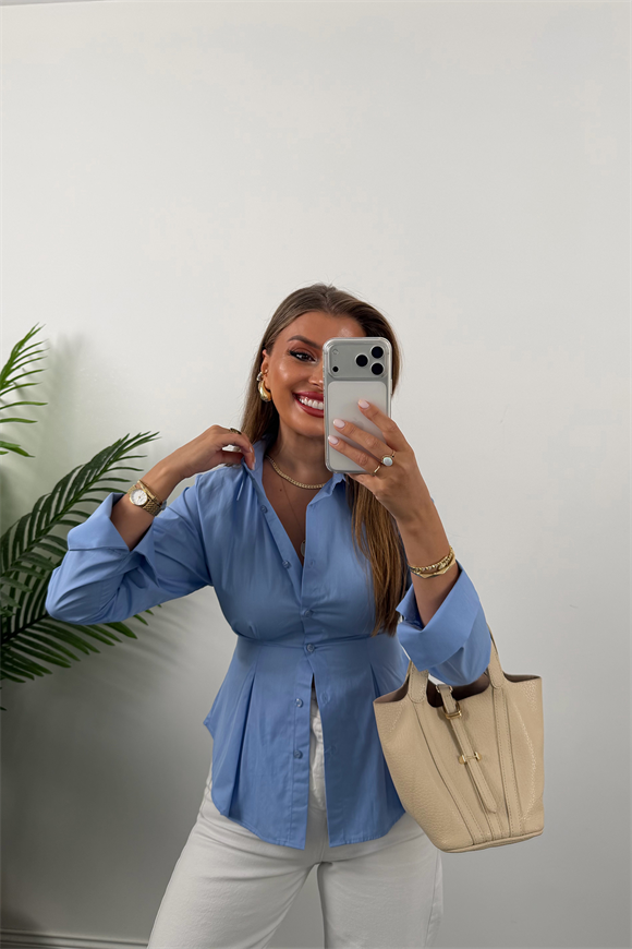 Premium Seri %100 Pamuk Oturtma Pileli Gömlek Mavi