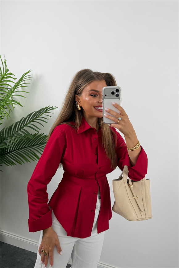 Premium Seri %100 Pamuk Oturtma Pileli Gömlek Kırmızı