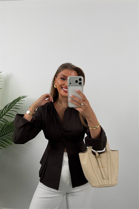 Premium Seri %100 Pamuk Oturtma Pileli Gömlek Acı Kahve