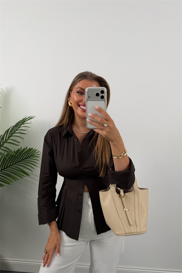 Premium Seri %100 Pamuk Oturtma Pileli Gömlek Acı Kahve