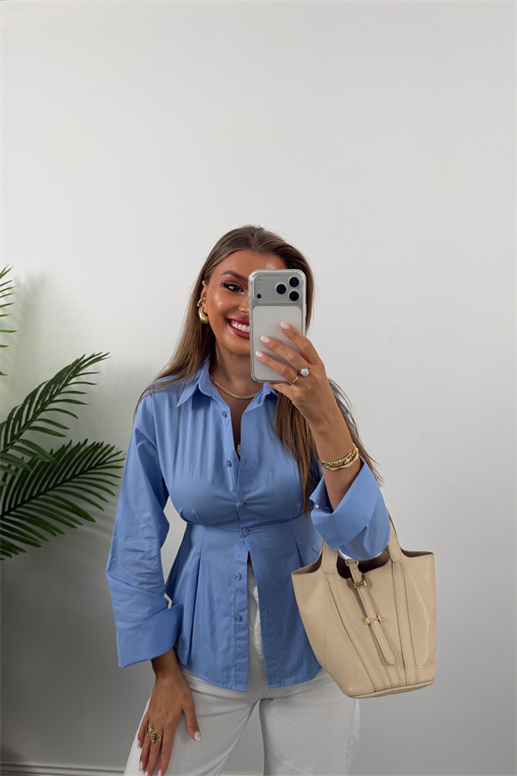 Premium Seri %100 Pamuk Oturtma Pileli Gömlek Mavi